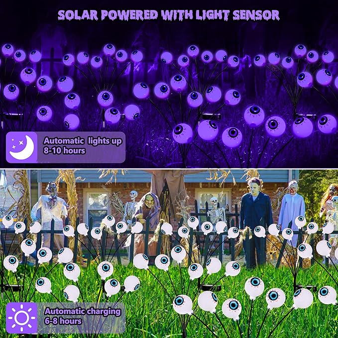 BrizLabs Halloween Eyeball Lights, 2 Pack 12 LED Solar Halloween Lights, 2 Modes Outdoor Spooky Walkway Light, Purple Swinging Firefly Light, Outside Purple Pathway Lighting for Yard Garden Lawn Party