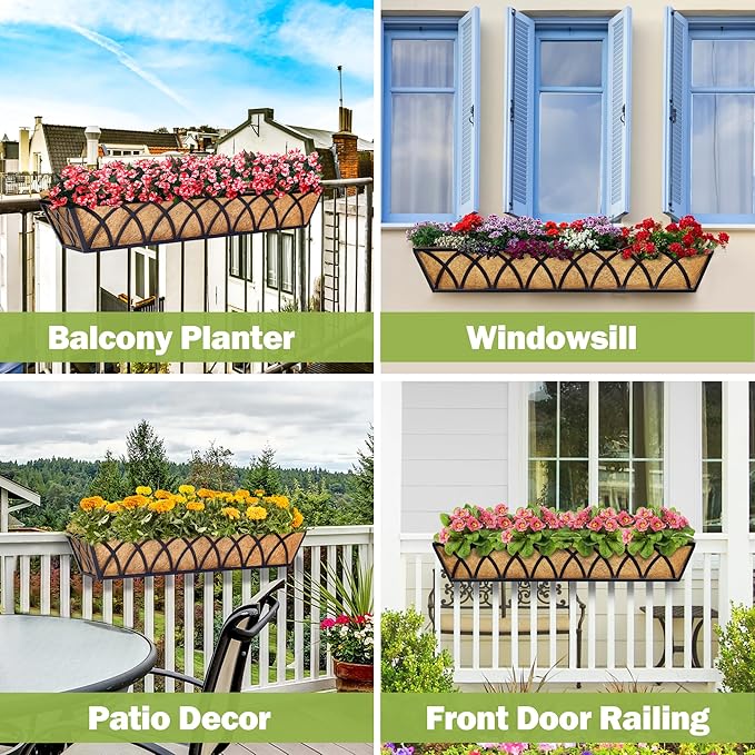 6pcs 30 Inch Window Deck with Coco Liner, 30" Window Boxes Horse Trough with Coconut Coir Liner, Metal Hanging Flower Planter Window Basket Deck Railing Planter Boxes for Outdoor Indoor Lawn