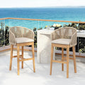 Christopher Knight Home Zax Set of 2 Patio Barstool, Acacia Wood & Rope Outdoor Counter Stool with Backrest/Footrest, Barstool Chairs with Cushion Seating for Backyard Balcony Garden, Beige + Teak