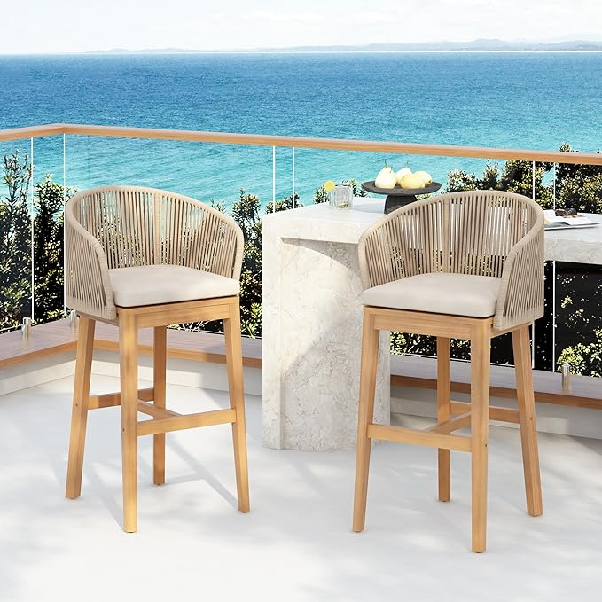Christopher Knight Home Zax Set of 2 Patio Barstool, Acacia Wood & Rope Outdoor Counter Stool with Backrest/Footrest, Barstool Chairs with Cushion Seating for Backyard Balcony Garden, Beige + Teak