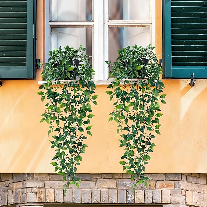 Waipfaru 2Pcs Fake Hanging Plants with Pot Deep Green Eucalyptus Leaves UV Resistant Fake Vines Ivy Artificial Plants Outdoor Faux Plants Indoor Bedroom Living Room Boho Wall Porch Shelf Decor
