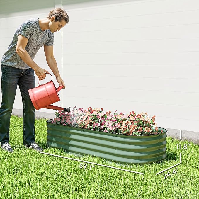 Outsunny 5' x 2' x 1' Galvanized Raised Garden Bed Kit, Outdoor Metal Elevated Planter Box with Safety Edging, Easy DIY Stock Tank for Growing Flowers, Herbs & Vegetables, Green