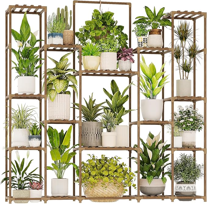 Bamworld Plant Shelf Indoor Hanging Plant Stand Outdoor Large Plant Shelves Tall Flower Holder wooden plant stand for Multiple Plants Plant Rack for Living Room Balcony Decor Garden Clearance Deals 17 Pots Plant Table