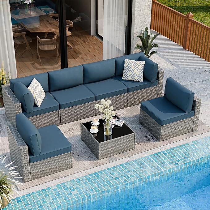 Shintenchi 7 Pieces Outdoor Patio Furniture Sets, Patio Sectional Sofa Couch, Silver Gray PE Wicker Furniture Modular Patio Conversation Sets Patio Sofa with Washable Cushions (Aegean Blue)