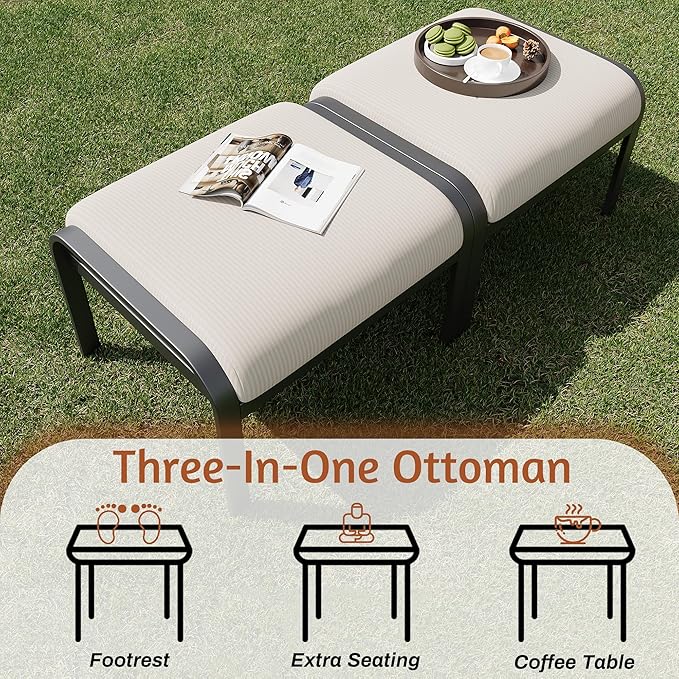 HOMREST Metal Outdoor Ottoman, 3-Piece Aluminum Footstool w/Removable Cushion, Multipurpose Footrest Stool with Coffee Side Table Additional Seating, Set of 3 Outdoor Ottomans for Patio Deck (Beige)