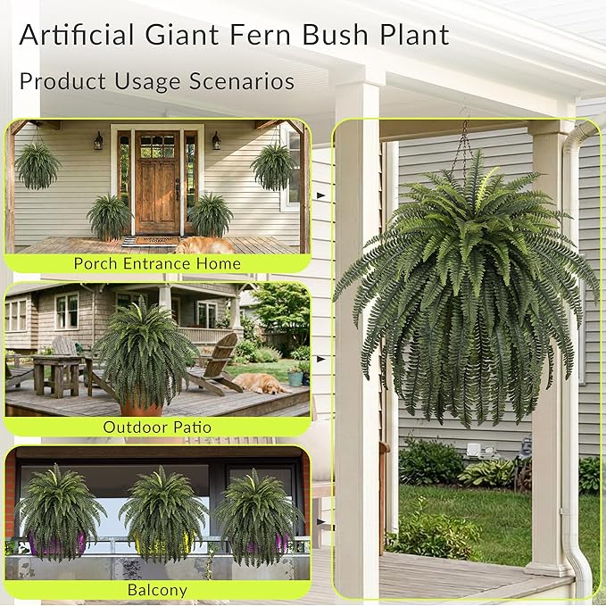68" Artificial Ferns for Outdoor, UV Resistant Giant Faux Boston Fern Bush with 92 Fronds, Large Fake Plants Fade Resistant for Porch Patio Garden Home Decor