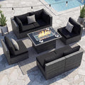 NICESOUL 7 Piece Outdoor Furniture Set with Fire Pit Table Natural Gas & Propane Convertible, 29.3'' High Back Extra Large Rattan Patio Modular Sectional Conversations, 2 Color Cushion Black & Gray