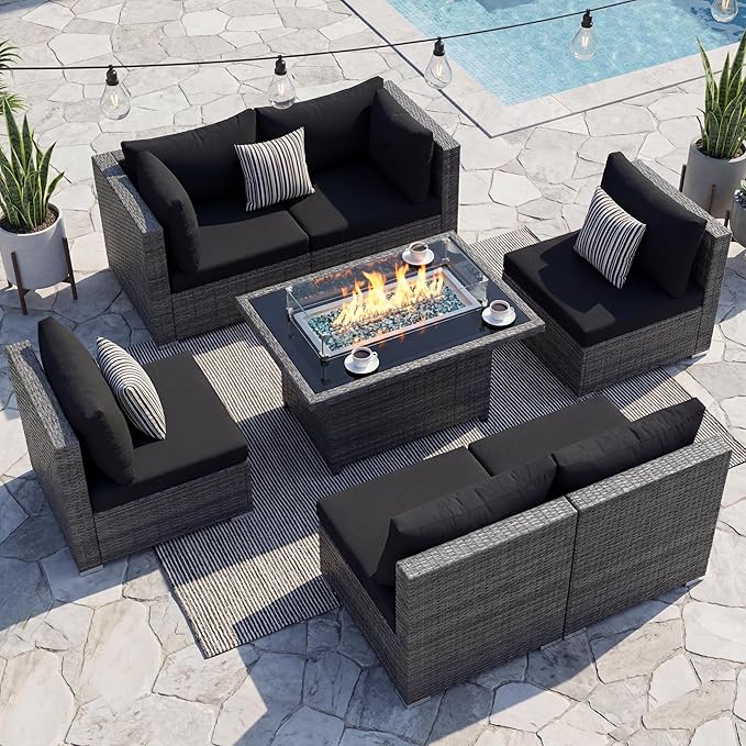 NICESOUL 7 Piece Outdoor Furniture Set with Fire Pit Table Natural Gas & Propane Convertible, 29.3'' High Back Extra Large Rattan Patio Modular Sectional Conversations, 2 Color Cushion Black & Gray