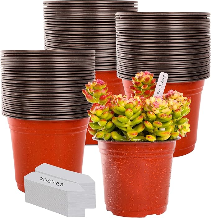 Plant Nursery Pot/Pots 200 Pcs 6" Plastic Plants Pots Flower Pots Seed Starting Pots for Plants Indoor Outdoor Seeding pots (with 200 Plant Labels)
