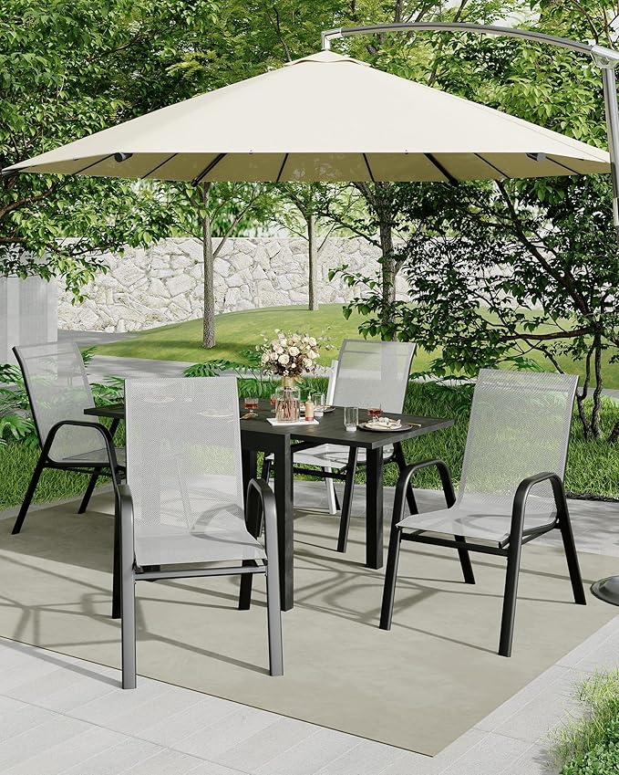Outdoor Stackable Dining Chairs Set of 4, High-Back Patio Stacking Chairs, Patio Chairs with Textilene Farbic & Metal Frame for Lawn Backyard Deck Garden,Grey