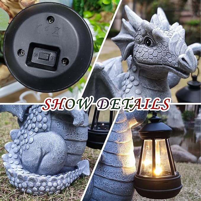 Solar Dragon Garden Statue Decoration with Solar Lantern,Dragon Figurine Lights Outdoor Décor for Yard，Lawn ,Patio, Balcony, Unique Housewarming Ornament