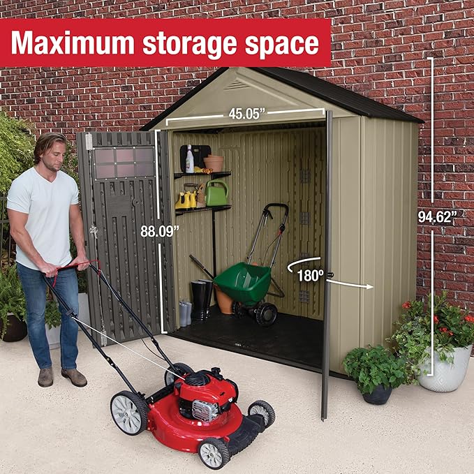 Rubbermaid Resin Outdoor Storage Shed With Floor (7 x 3.5 Ft) Weather Resistant, Brown Gable, Organization for Home/Backyard/Garden Tools/Lawn Mower/Bike Storage/Pool Supplies
