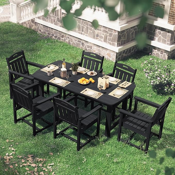 HDPE Outdoor Dining Set, Patio Table and Chairs Set, All-Weather 7-Piece Outside Table and 6 Chairs, 2" Umbrella Hole, Outdoor Furniture for Garden, Poolside, Backyard, Deck | Black