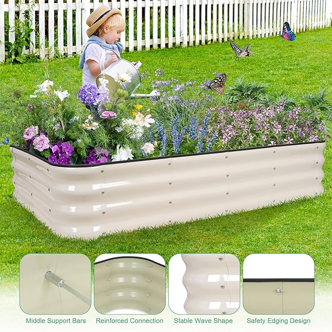 1MORE Raised Garden Bed -5X3X1 Galvanized Planter Box for Outdoor Gardening,4 in 1 Modular Raised Bed Kit with Protective Tape, Gloves for Herb，Ideal for Vegetables and Plants.White-2Pcak