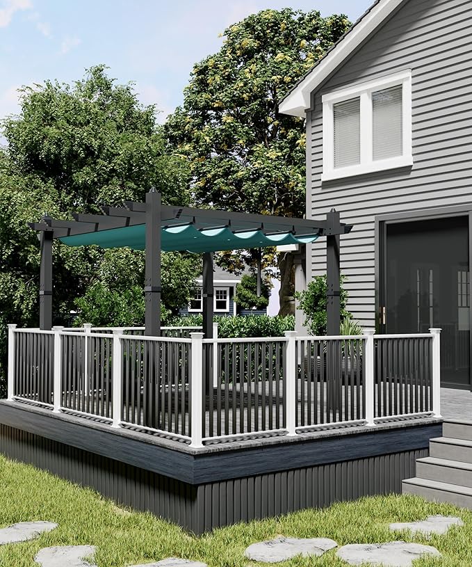 10 x 10 ft Aluminum Pergola with Adjustable Canopy, Outdoor Metal Pergola, Imitation Wood-Grain Sun Shade Shelter for Garden Patio Backyard Deck