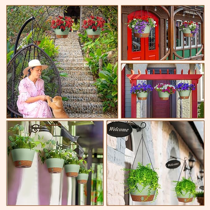 Amyhill 6 Pcs 8 Inch Hanging Planter for Indoor Plants Self Watering Hanging Pot Baskets with Drainage Hole Visible Water Level Tray with Hooks for Garden Outdoor(Green)