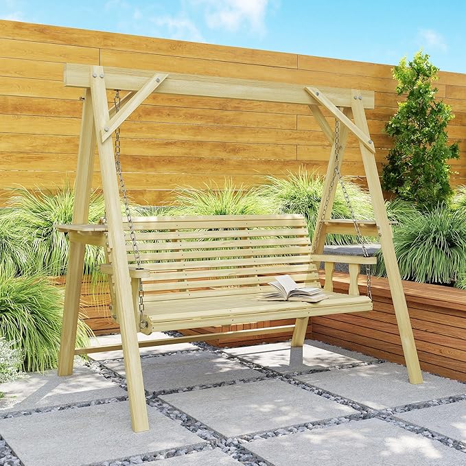 Outsunny 3 Seat Porch Swing with Stand, Wooden Patio Swing Chair with Side Tables and Metal Chains, Outdoor Swing Bench for Garden, Poolside, Backyard, Natural Wood
