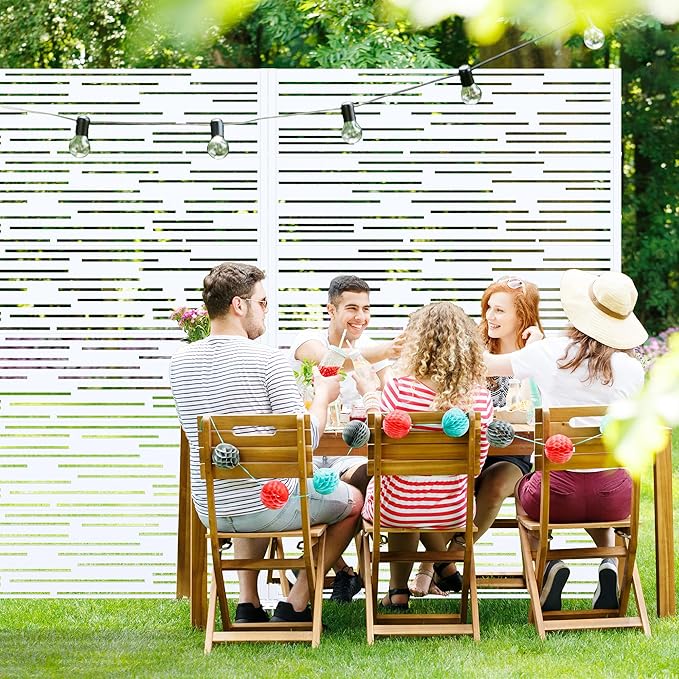 Casaphoria Metal Privacy Screen Outdoor, 72" H x 47" W Freestanding Decorative Privacy Screen for Patio Deck Balcony Garden with Stable Base, White-Shine