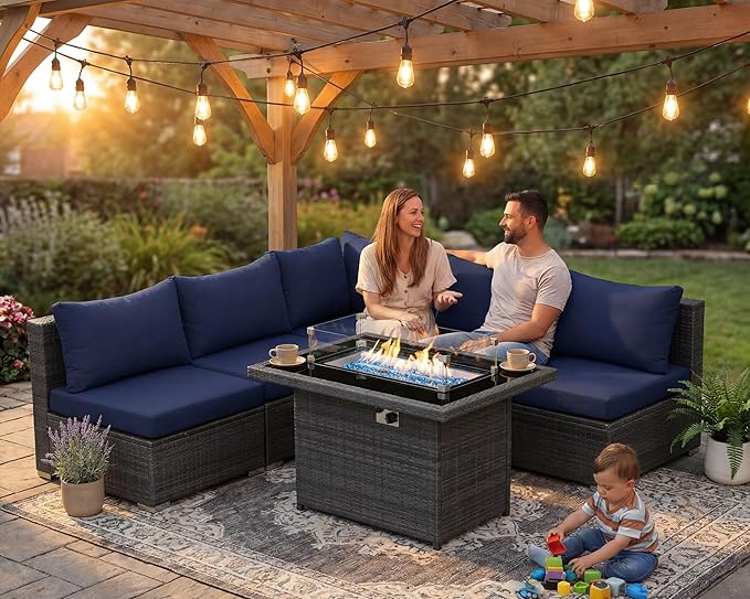 NICESOUL 6 Piece Modern Wicker Patio Furniture Set with Firepit Natural Gas/Propane, 29.3'' High-Back Deep Wide Seat Outdoor Conversation for Backyard, Oversized Sofa Couch, 2 Color Cushion Navy&Gray
