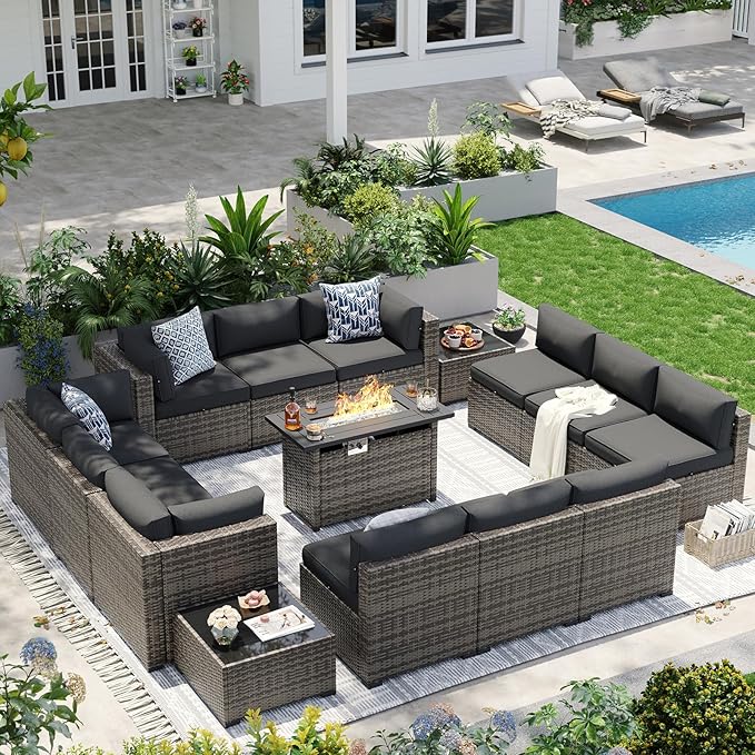 Aoxun Patio Furniture Sets, 15-Piece Outdoor Patio Furniture with 44'' Propane Gas Firepit Table, Wicker Outdoor Conversation Set Sectional Sofa for Backyard, Poolside, Garden