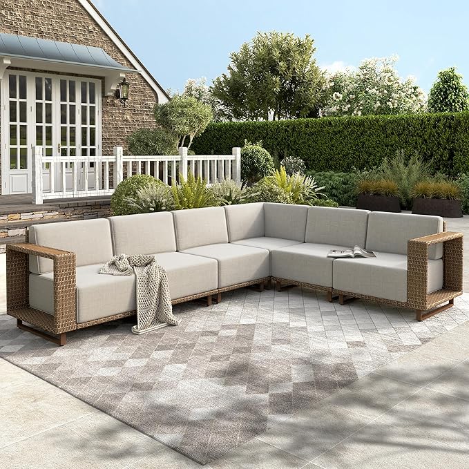 HERA'S HOUSE 6 Pieces Sectional Patio Furniture Set, All Weather Patio Conversation Set, Outdoor Rattan Wicker Sofa with 5.3" Widened Armrest, Patio Couch, 10" Ultra Thick Comfy Sponge Cushion