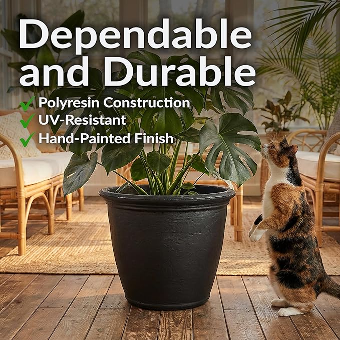 Sunnydaze 20-Inch Anjelica Large Plastic Pot for Plants - Outdoor Double-Walled Large Plastic Planter with Drillable Drainage Holes - Matte Black