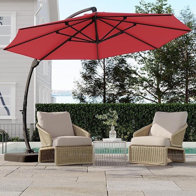 GarveeLife 11FT Cantilever Patio Umbrella With Base Included, Cantilevers Outdoor Umbrella Heavy Duty Offset, Aluminium Curved Cantilever Umbrella