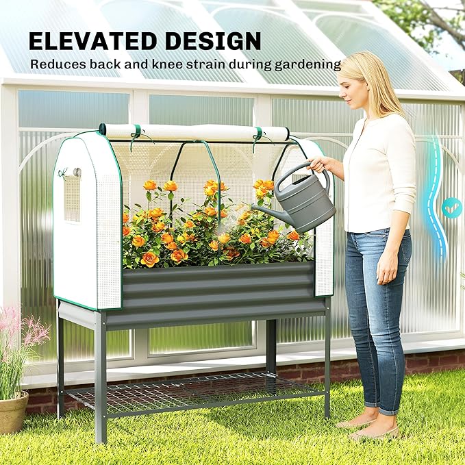 Outsunny Galvanised Raised Garden Bed with Greenhouse Cover, Metal Elevated Garden Bed with Legs, Bed Liner and Bottom Shelf, Outdoor Raised Planter Box for Vegetables, Herbs, Flowers, Dark Gray