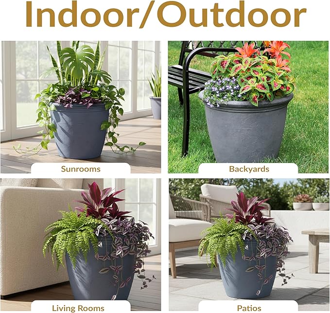 Sunnydaze 20-Inch Anjelica Large Plastic Pot for Plants - Outdoor Double-Walled Large Plastic Planter with Drillable Drainage Holes - Slate