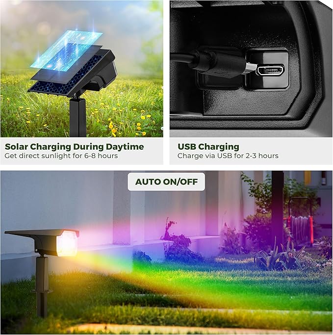Kingsyard Solar Lights Outdoor Waterproof IP68, 47 LEDs 3 Lighting Modes USB & Solar Powered Garden Yard Pathway Spot Lights for Outside Landscape, Auto On/Off, 4 Pack(Cool White)