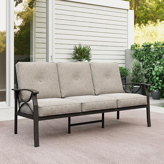 RoyalCraft Patio 3 Seats Sofa, All-Weather Outdoor Couch, Patio Furniture Sofa, Khaki Metal Chair with Beige Cushions