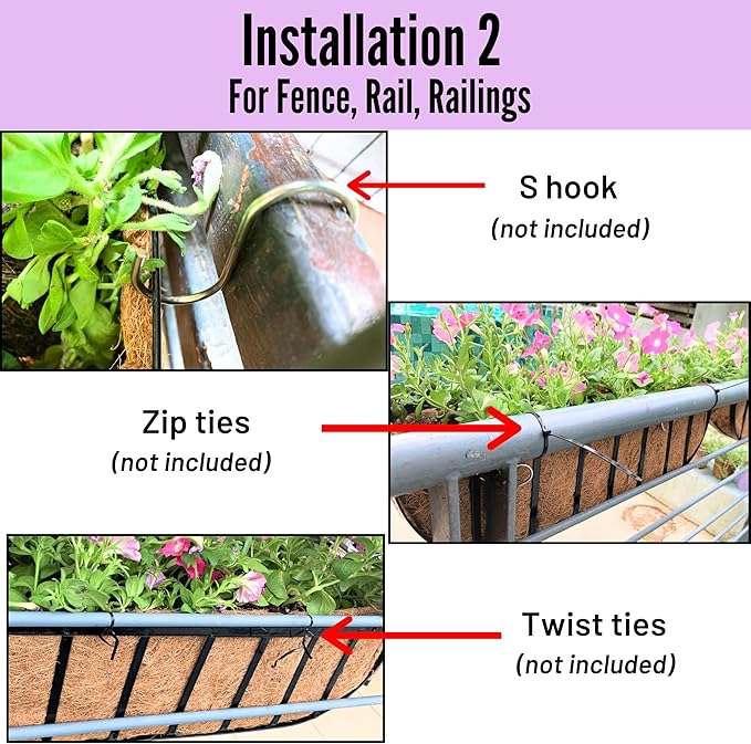 LaLaGreen 24 Inch, 4 Pack Window Boxes Planters – Black Metal Window Boxes for Outdoor Plant, Wall Mount Flower Pot with Coco Coir Liner, Attach to House Fence Balcony Herb for Patio Porch Garden