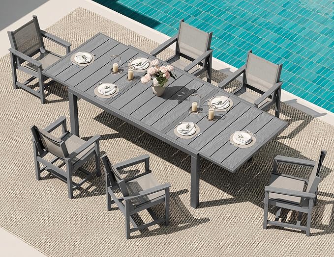 SERWALL 7-Piece Patio Dining Sets, 60" - 83" Expandable Outdoor Dining Table with 6 Breathable Textilene Chairs, All Weather HDPE Patio Furniture Set for Backyard, Garden, Grey