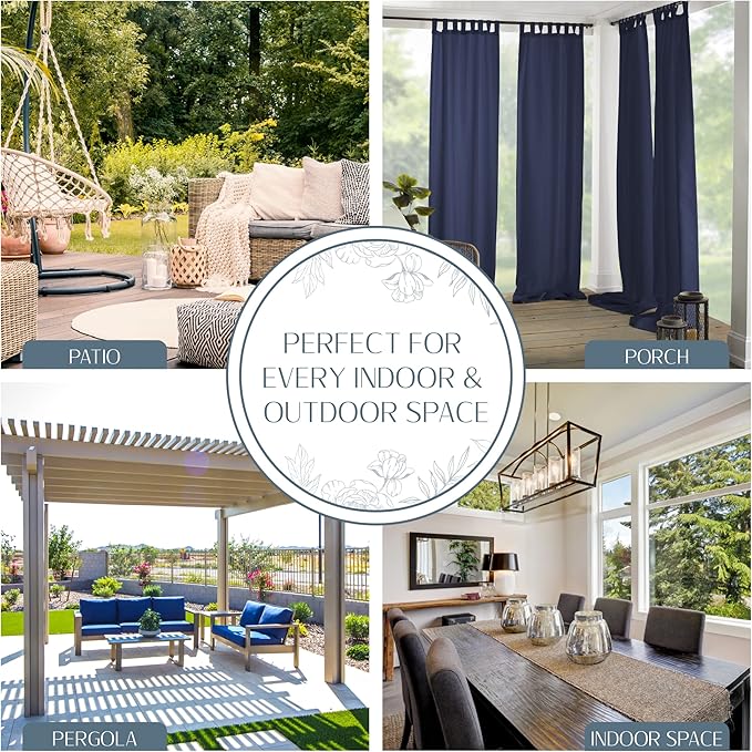 Elrene Home Fashions Matine Weatherproof Tab-Top Indoor/Outdoor Solid Color Curtain Panel for Porch, Pergola, Patio, Deck, 52”W x 84”L, Blue