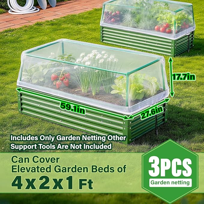 KEOHOL 3-Pack Garden Netting for Raised Beds, 59.1" × 27.6" × 17.7" Rectangular Plant Covers with Ultra-fine Mesh, UV Protected HDPE Plant Netting for Vegetables Flowers Fruits