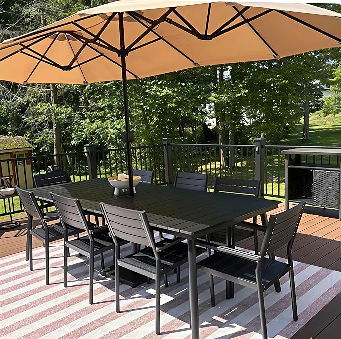 95" Patio Outdoor Dining Table for 8-10, Weather-Resistant Wood-Grain Top with Aluminum Frame & Umbrella Hole for Deck Gatherings, Black