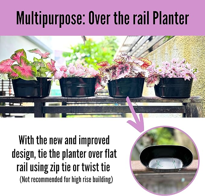 LaLaGreen Rail Planter Outdoor Plants(11.8 Inch, 8 Pack) Black Metal Iron Hanging Flower Pots Deck Railings Fence Buckets Modern Countryside Boho Style Wall Mount Window Box Plant Holder Porch Decor