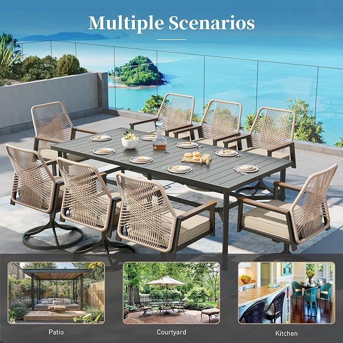 Patio Dining Set 9 Piece, 8 x Woven Rattan Swivel Chairs with Waterproof Cushion, 60" Square Metal Dining Table with Umbrella Hole, Outdoor Table and Chairs Set for Backyard Lawn and Deck, Beige