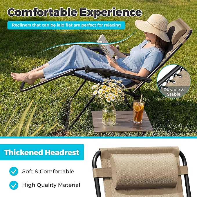 Homall Zero Gravity Chair Patio Folding Lawn Outdoor Lounge Gravity Camp Reclining Lounge Chair with Cup Holder Pillows for Poolside Backyard and Beach Set of 4 (Beige)