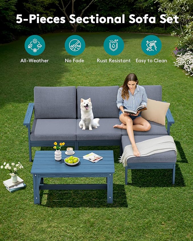 SERWALL Outdoor Sectional Sofa Set, 5-piece Outdoor Modula Couch Set with Ottoman, All Weather Patio Furniture Set with Chaise for Deck, Lawn, Blue Frame with Gray Cushion