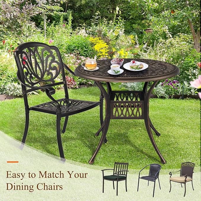 VINGLI 35.4' Dia Patio Dining Table with Umbrella Hole, Cast Aluminum Bistro Table for Outdoor Garden Use (35.4' Dia x 29.5' H)