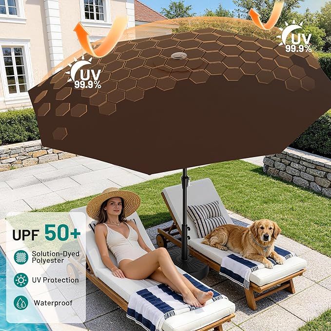 AreShark 9 FT Patio Umbrella for Outdoor, Outdoor Table Umbrella with Push Button Tilt and Crank, Outdoor Patio Umbrellas with 8 Sturdy Ribs for Market, Garden, Pool (Brown)