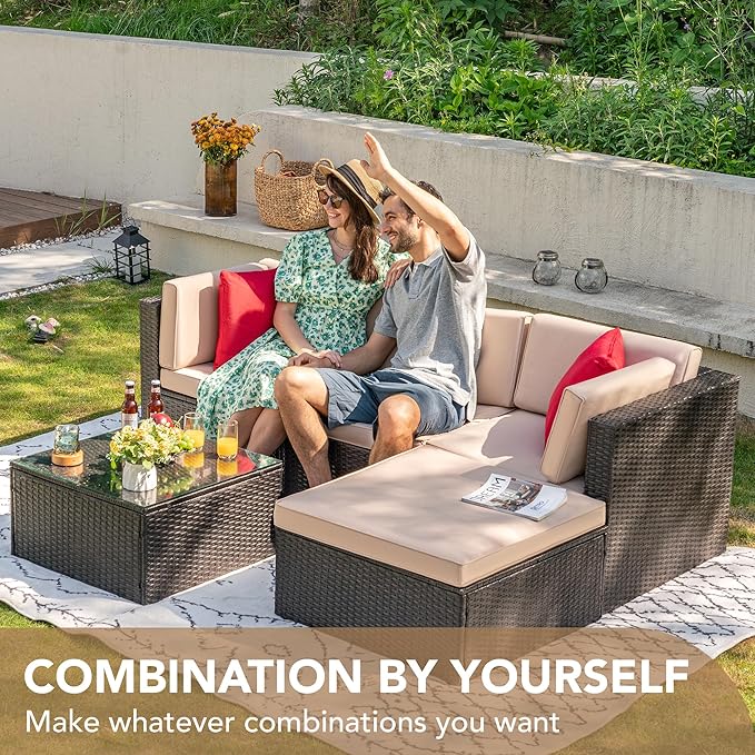Devoko 5 Pieces Patio Furniture Sets All Weather Outdoor Sectional Patio Sofa Manual Weaving Wicker Rattan Patio Seating Sofas with Cushion and Glass Table (Beige)