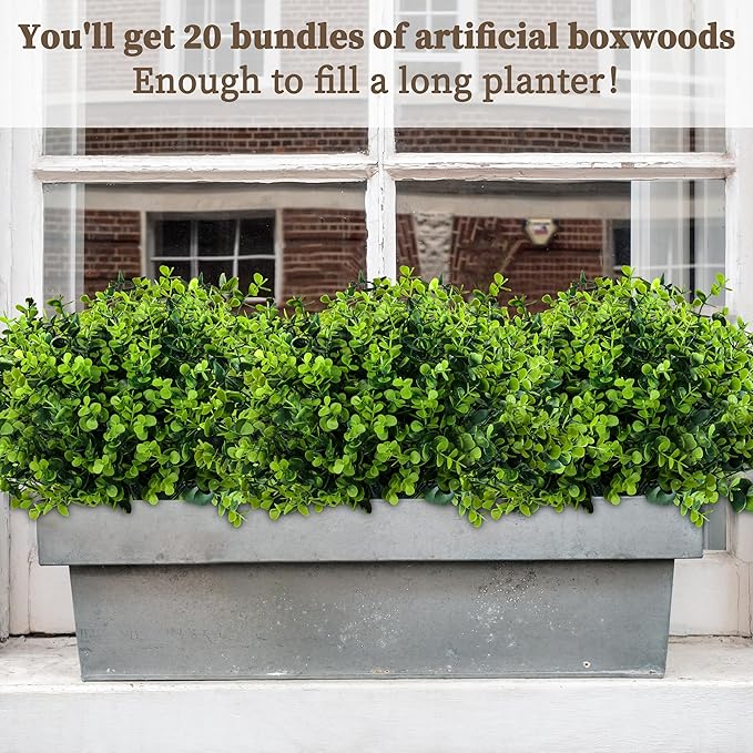 20 Bundles Artificial Greenery Boxwood Plants, Fake Plant for Garden Porch, Window Box, Home Wedding, Farmhouse, and Indoor Outdoor Decoration