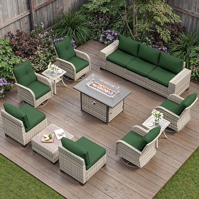 13-Piece Outdoor Patio Furniture Set with Rocking Swivel Chair, PE Wicker Rattan Sectional Sofa Patio Conversation Set with 55,000 BTU Fire Pit Table & Coffee Table, Green