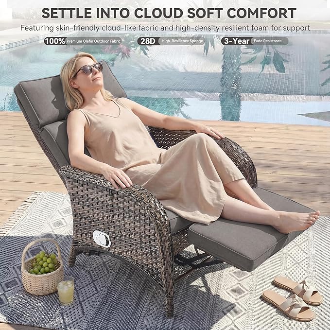 Zero Gravity Wicker Patio Recliner Chairs Set of 2 - Wicker Outdoor Lounge Chair with Adjustable Backrest & Footrest, All Weather Outdoor Reclining Chairs with Thick Cushion for Pool Deck Grey