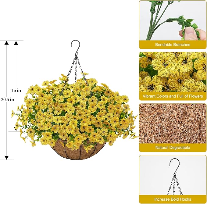 Artificial Faux Hanging Mums Plants Flowers Basket for Outdoors Summer Autumn Decoration,Hanging Planters with Fake Silk Daisy UV Resistant Realistic for Outside Porch Patio Balcony Garden Home Yellow