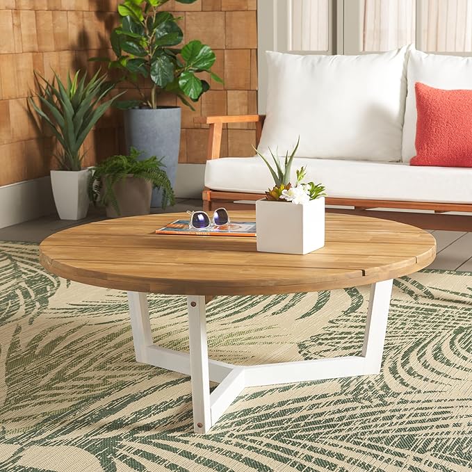 SAFAVIEH Outdoor Collection Leo Natural/White 3-Leg Round Coffee Table, Ideal for Deck, Patio, Backyard, Sunroom