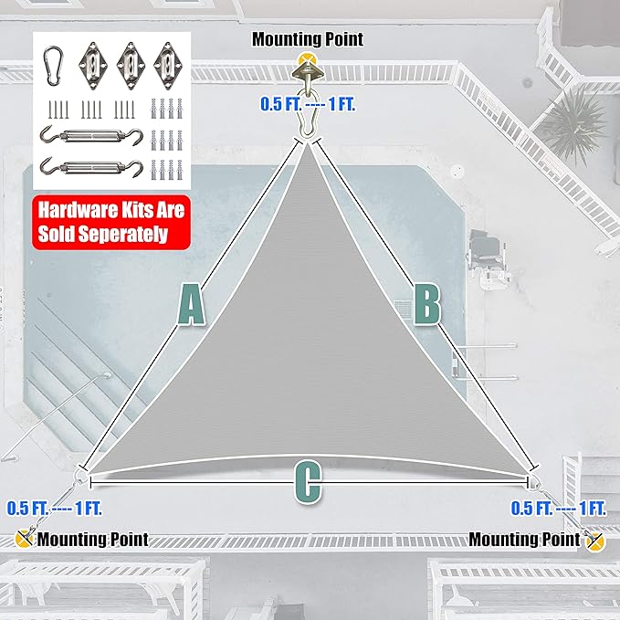 Amgo Custom Size 17' x 17' x 17' Gray Triangle Sun Shade Sail UPF50+ AGTAPRT12, Order to Make Canopy Awning, 95% UV Blockage, Water & Air Permeable, Commercial Standard (We Customize)