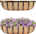 HFHOME 2 Pcs 24" Window Box Deck Railing Planter with Horse Trough Coco Liners, Black Metal Hanging Flower Planters Baskets for Indoor, Outdoor, Balcony, Porch, Fence, Patio, and Lawn